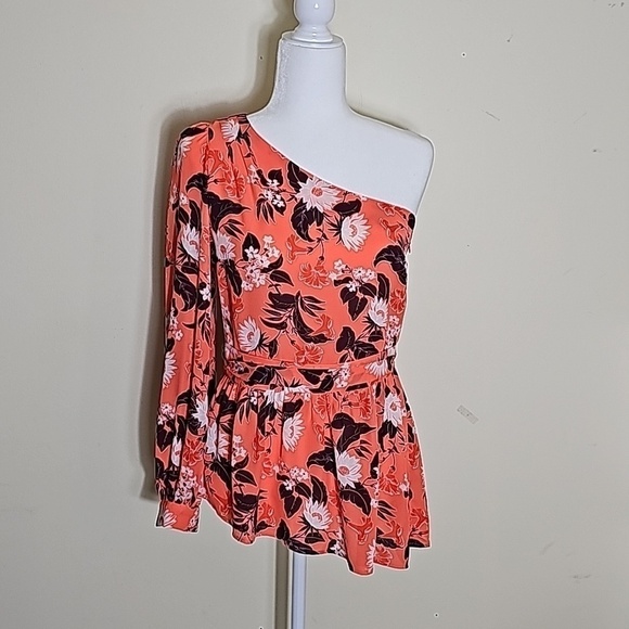 Ann Taylor Factory Tops - AnnTaylor One Shoulder Pink Floral Long Sleeve Blouse Size 2